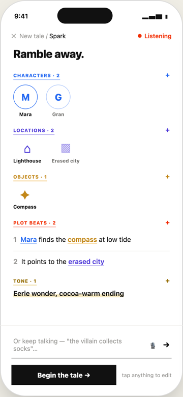 TaleWhale, the Spark screen collecting characters, locations and plot beats from spoken input
